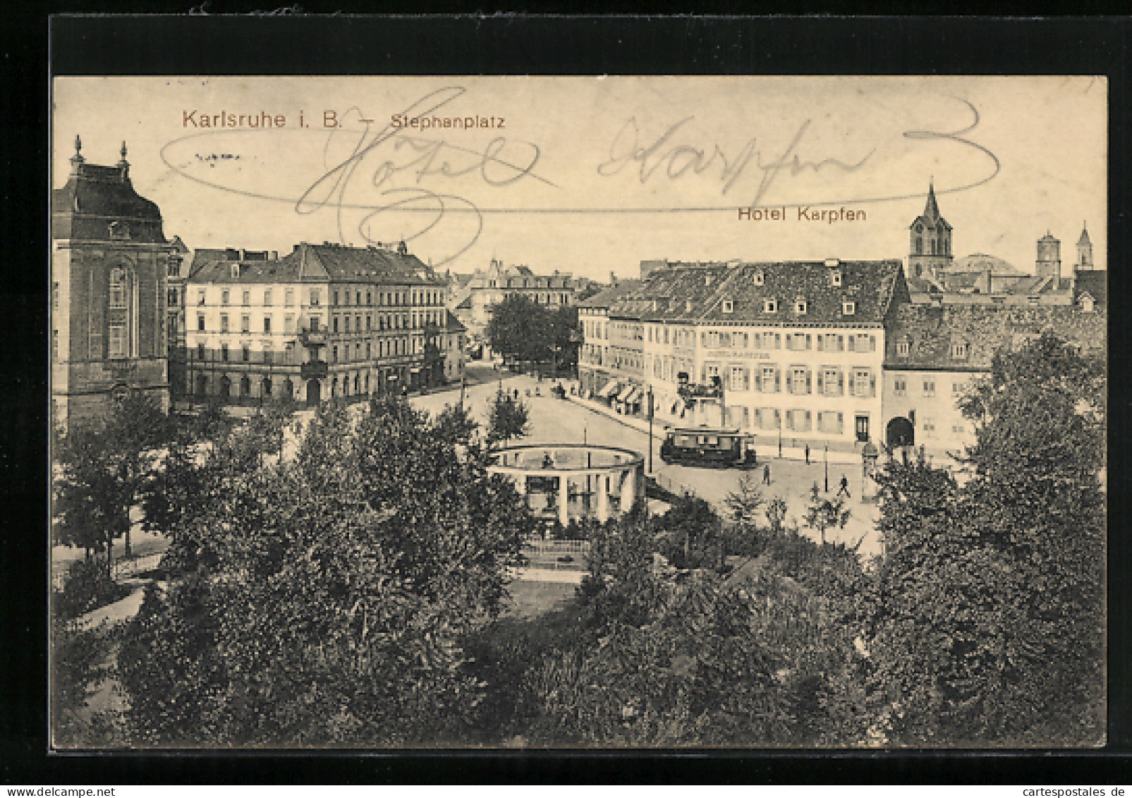 AK Karlsruhe I. B., Stephanplatz, Hotel Karpfen, Strassenbahn  - Strassenbahnen