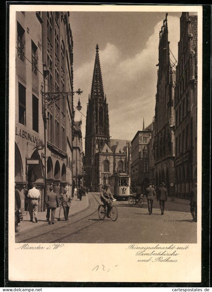 AK Münster I. W., Prinzipalmarkt Mit Lambertikirche Und Rathaus, Strassenbahn  - Strassenbahnen