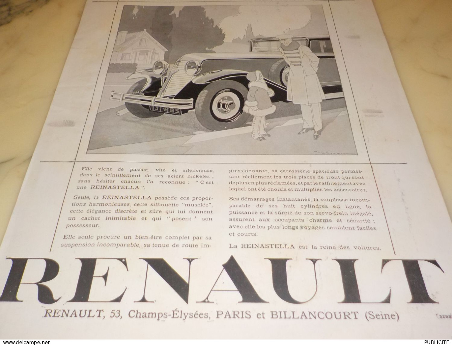 ANCIENNE PUBLICITE REINES DES VOITURES REINASTELLA  RENAULT  1929 - Reclame