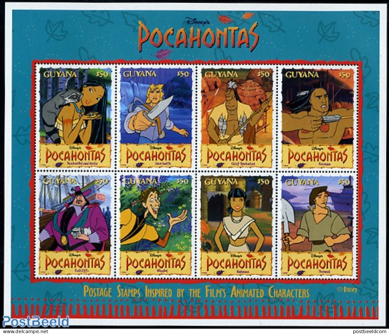 Guyana 1995 Pocahontas 8v M/s, Mint NH, Art - Disney - Disney