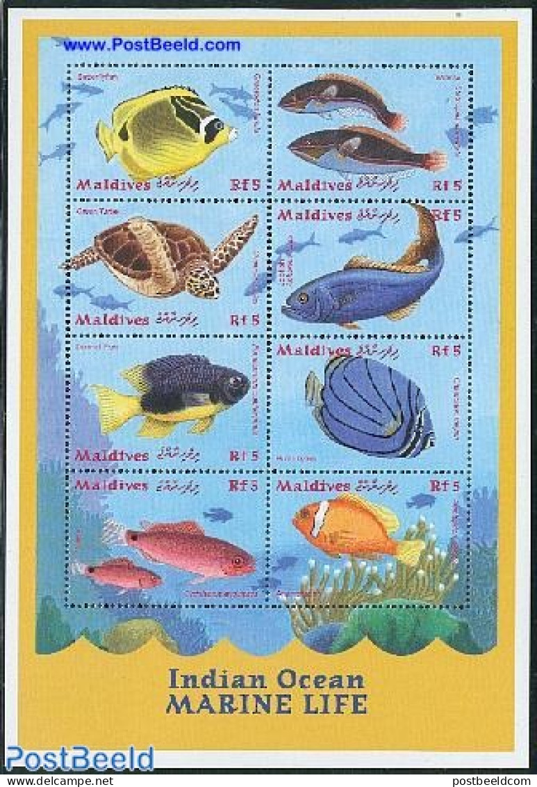 Maldives 2000 Fish 8v M/s, Butterflyfish, Mint NH, Nature - Fish - Turtles - Fische