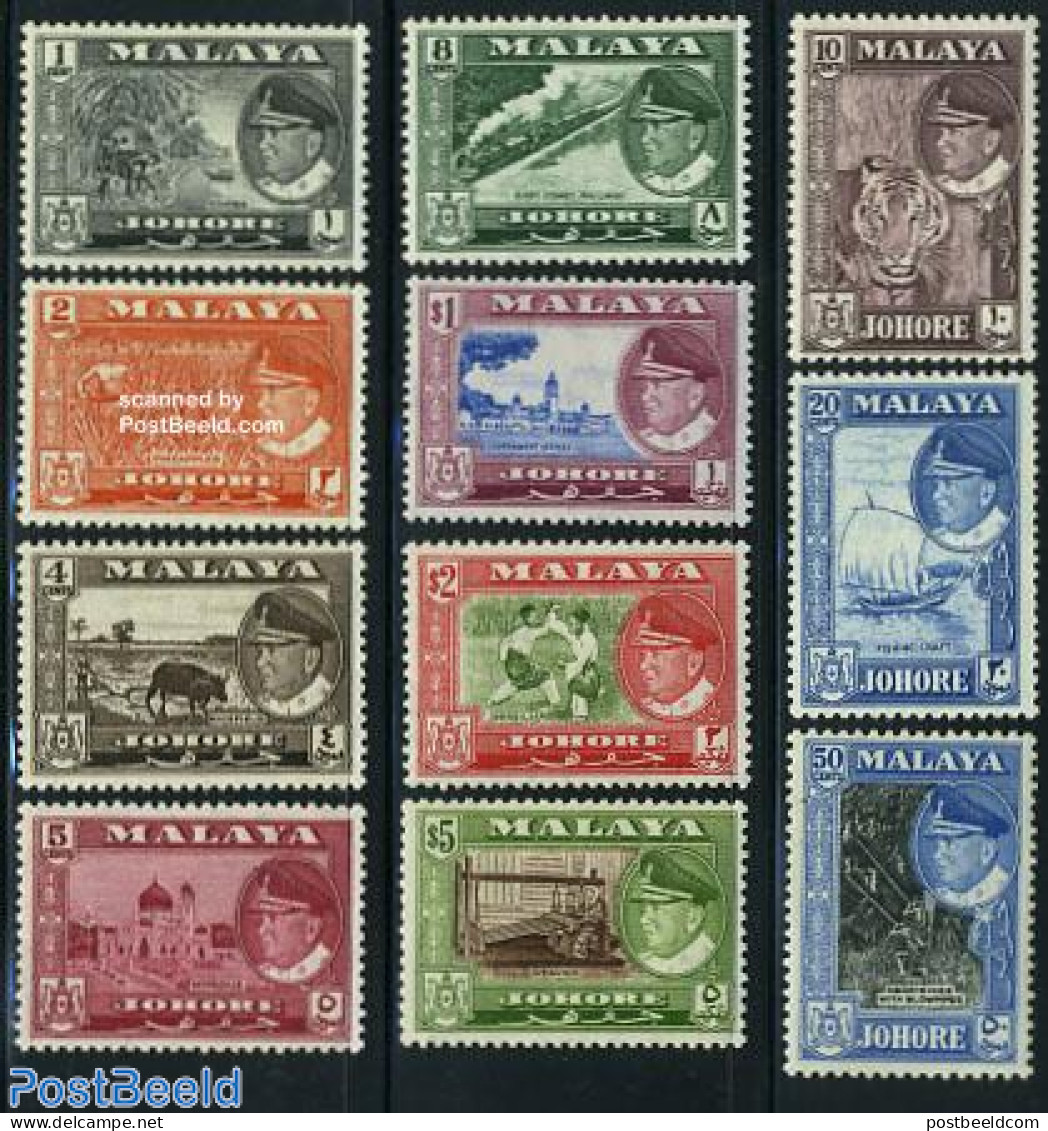 Malaysia 1960 Johore, Definitives, Views 11v, Mint NH, Nature - Transport - Various - Cat Family - Fishing - Railways .. - Fische