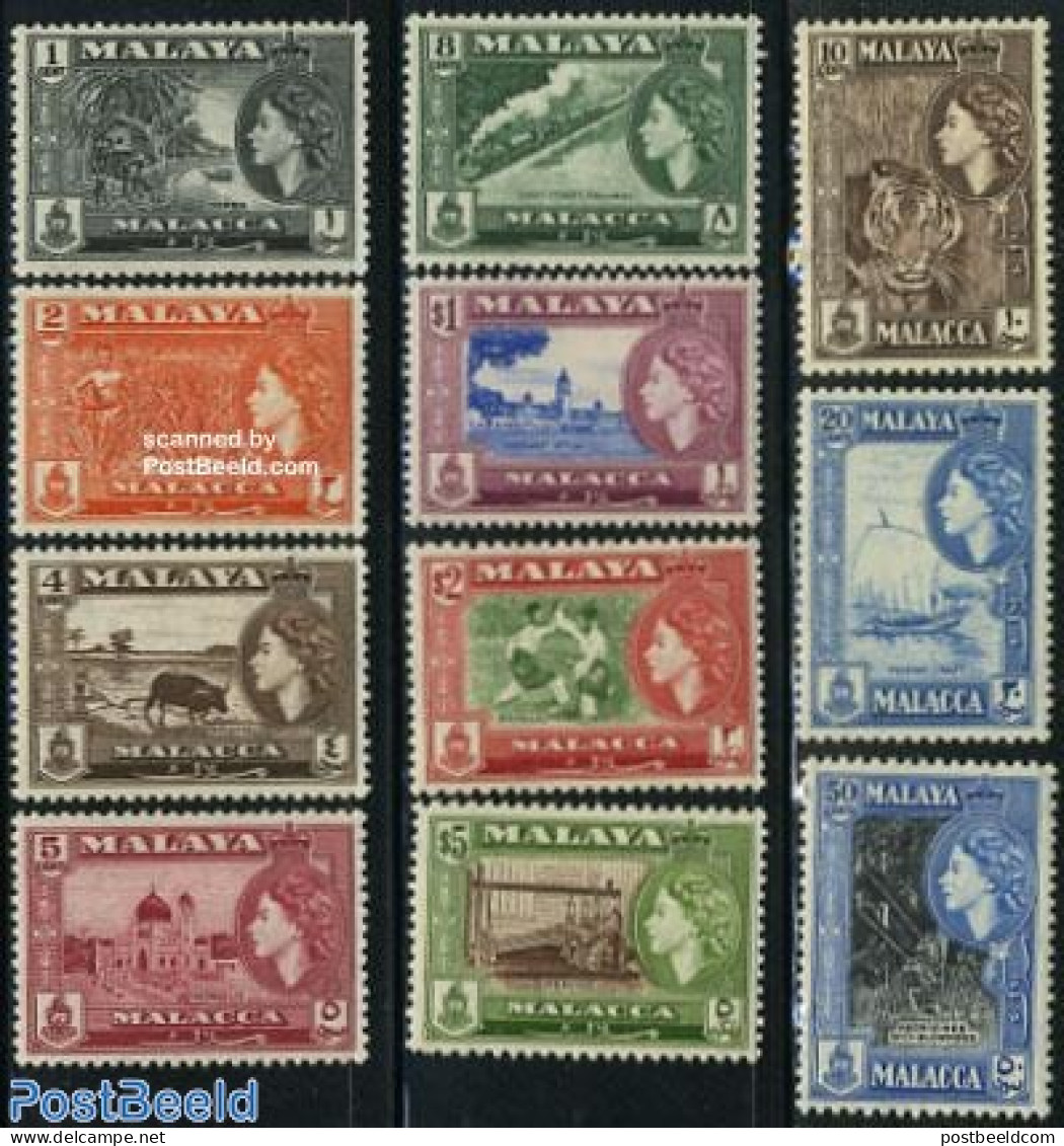 Malaysia 1957 Malacca, Definitives 11v, Mint NH, Nature - Transport - Various - Cat Family - Fishing - Railways - Ship.. - Fische
