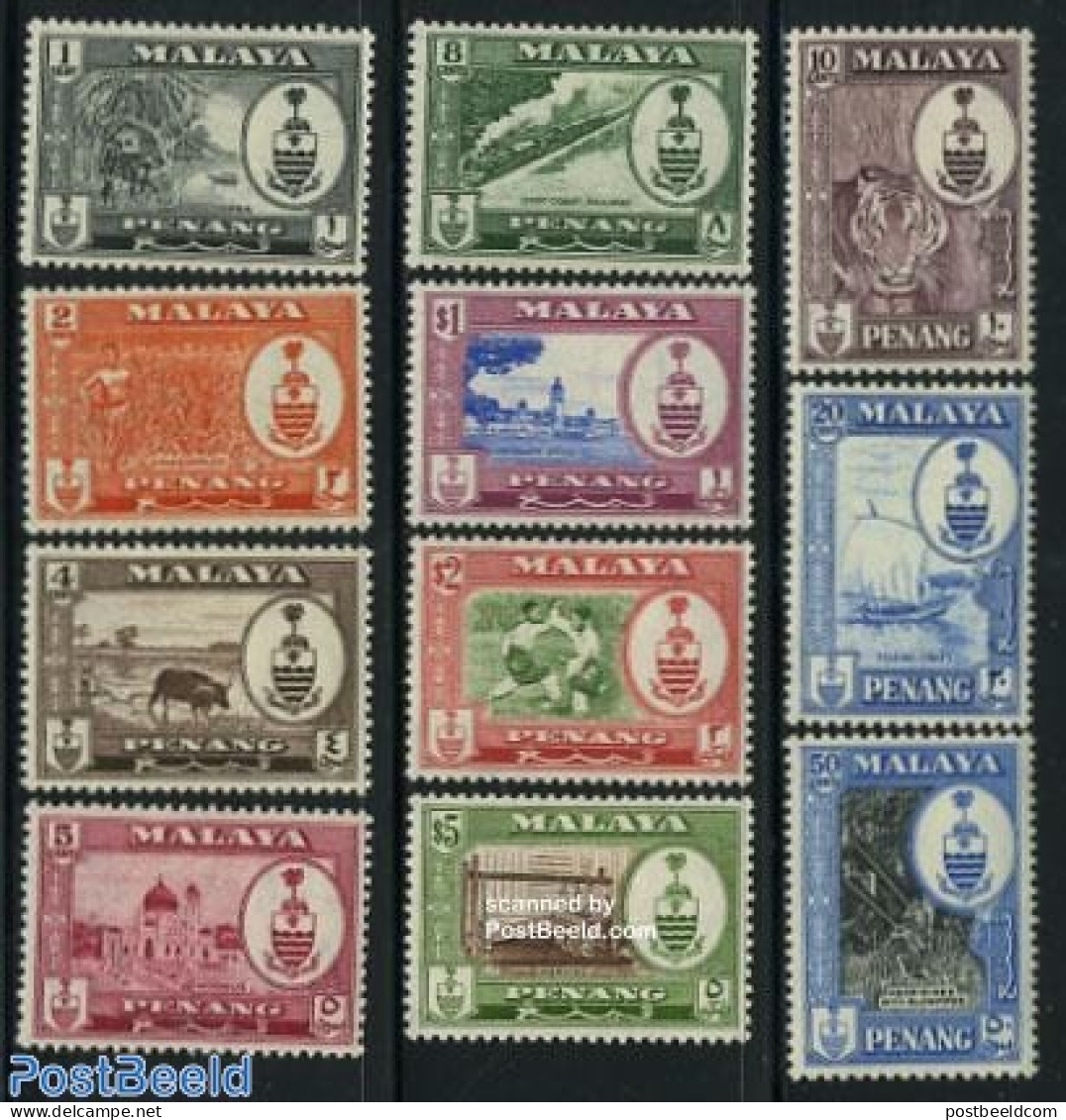 Malaysia 1960 Penang, Definitives 11v, Mint NH, History - Nature - Transport - Various - Coat Of Arms - Cat Family - F.. - Fische