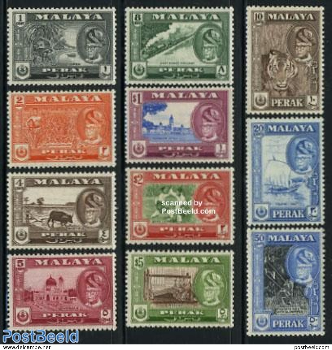 Malaysia 1957 Perak, Definitives, Views 11v, Mint NH, Nature - Transport - Various - Cat Family - Fishing - Railways -.. - Fische
