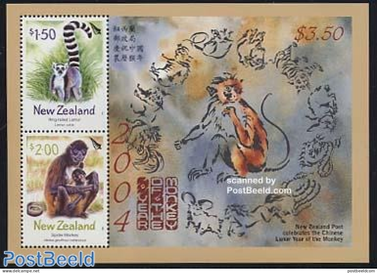 New Zealand 2004 Zoo Animals, New Year S/s, Mint NH, Nature - Various - Animals (others & Mixed) - Monkeys - New Year - Nuovi