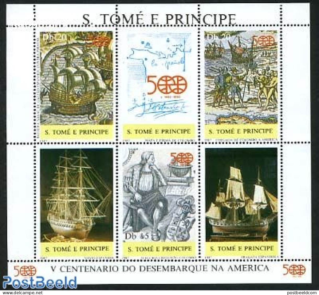 Sao Tome/Principe 1987 Discovery Of America M/s, Mint NH, History - Transport - Explorers - Ships And Boats - Esploratori