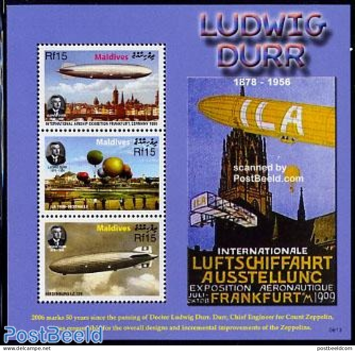 Maldives 2006 Ludwig Durr 3v M/s, Mint NH, Transport - Balloons - Zeppelins - Fesselballons