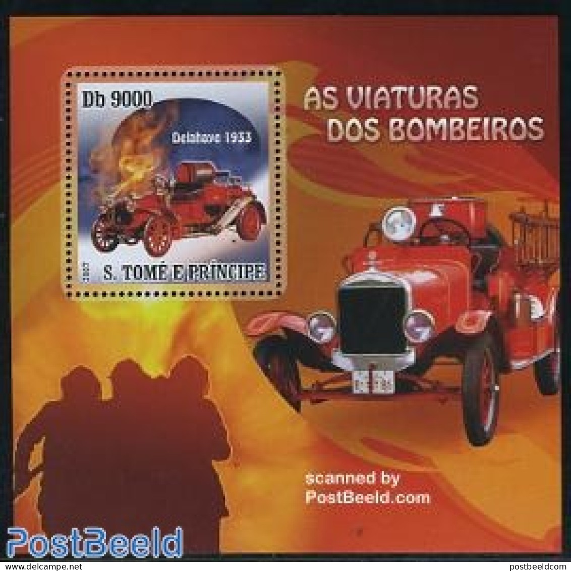 Sao Tome/Principe 2007 Fire Engines S/s, Delahaye 1933, Mint NH, Transport - Automobiles - Fire Fighters & Prevention - Cars