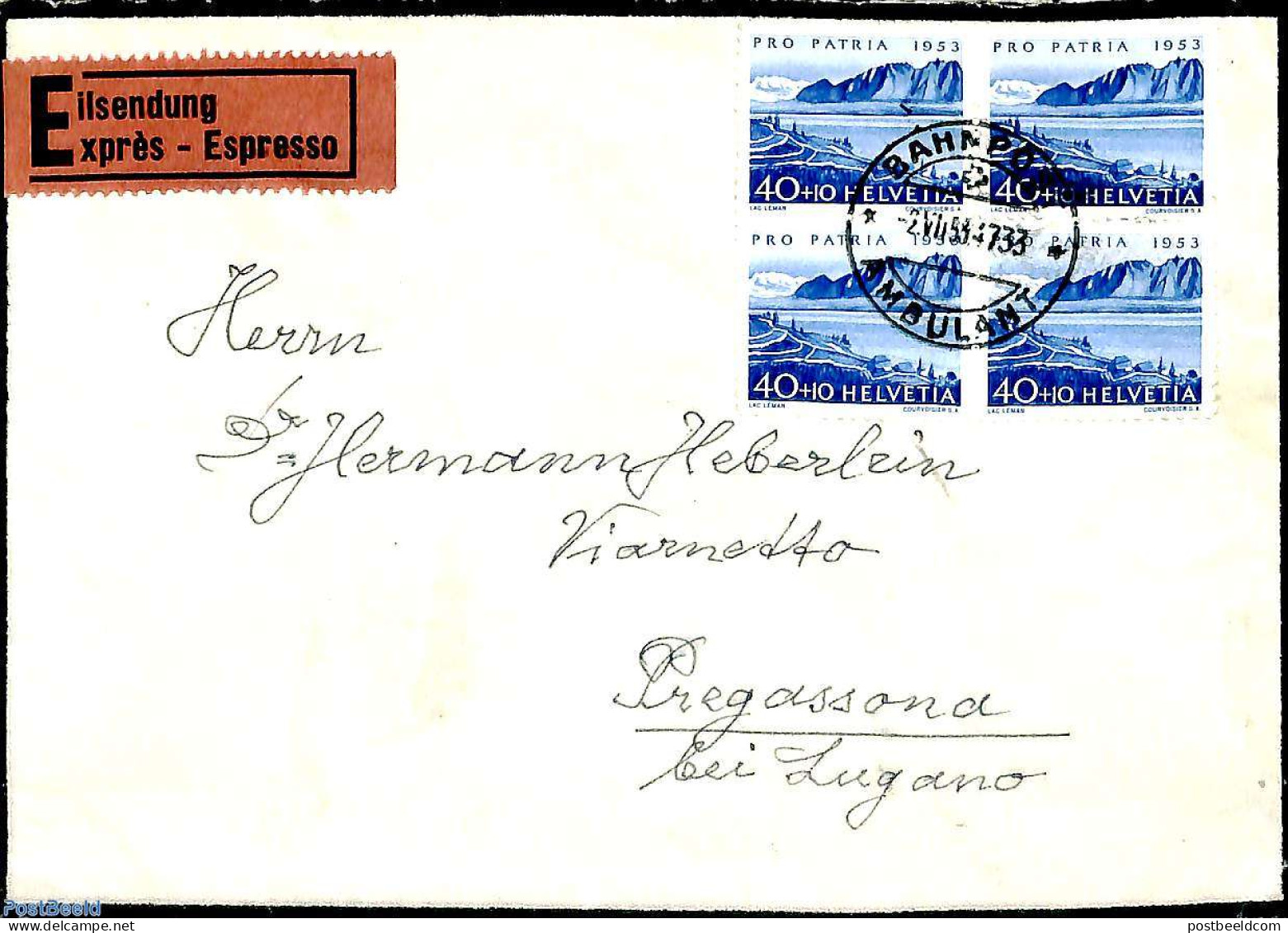 Switzerland 1953 Express Letter Bahnpost To Pregassond, Postal History - Lettres & Documents