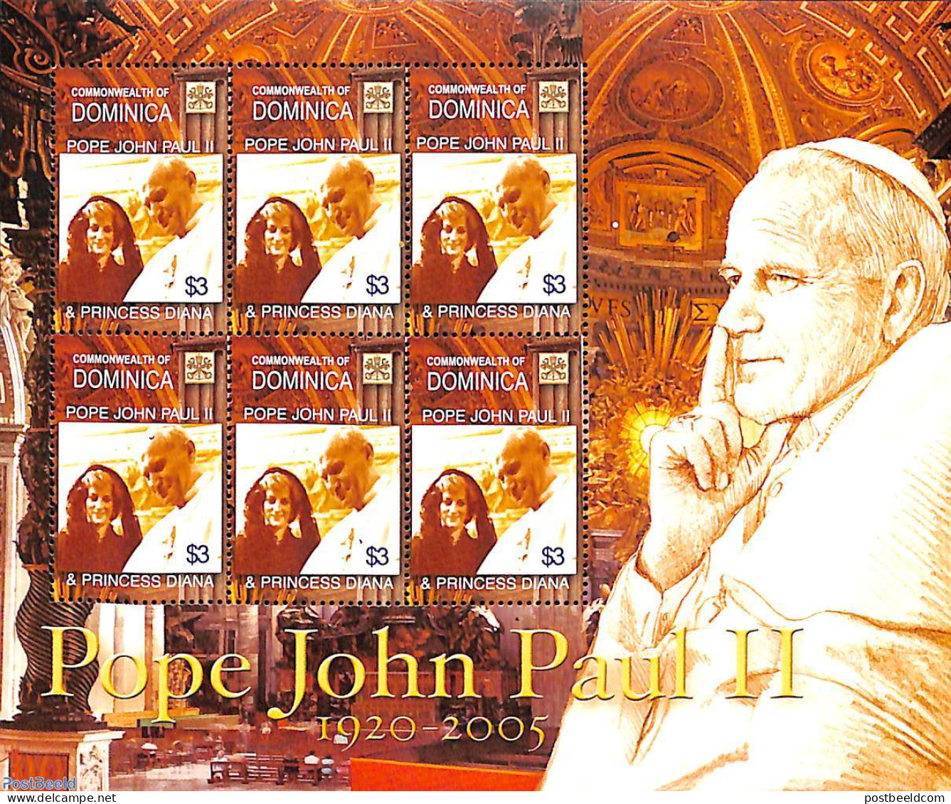 Dominica 2005 Pope John Paul II & Princess Diana M/s, Mint NH, History - Religion - Charles & Diana - Kings & Queens (.. - Familias Reales