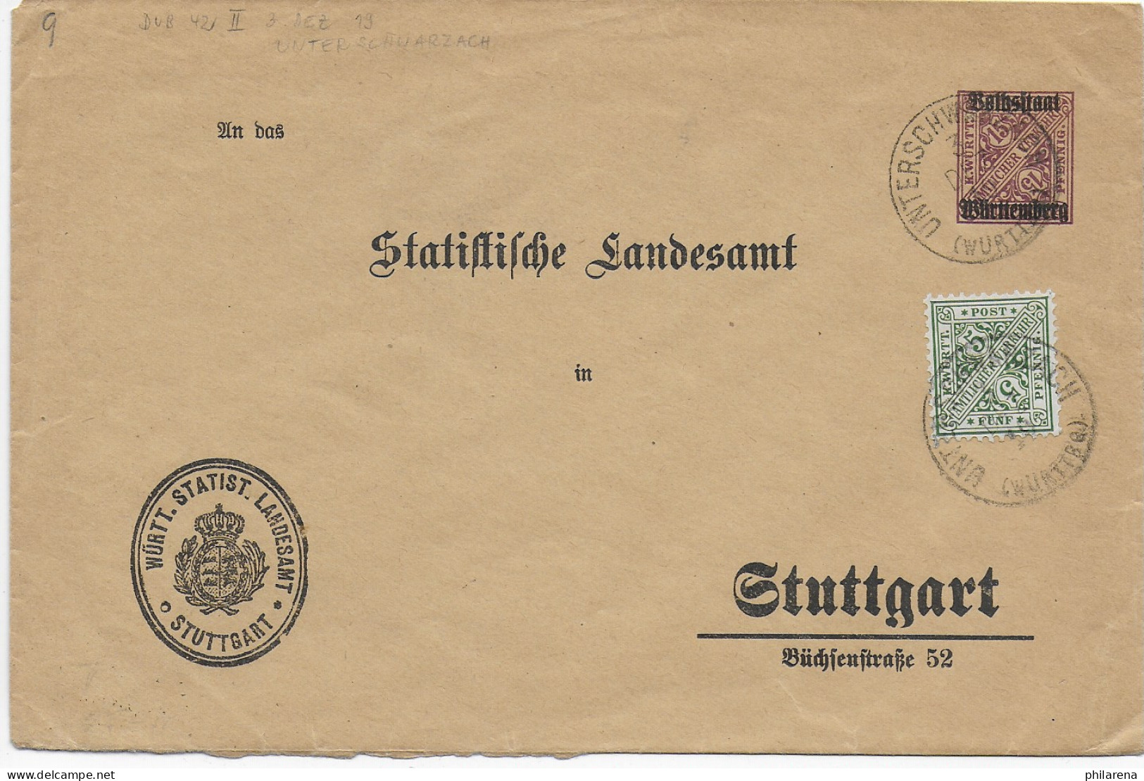 Ganzsachenumschlag DvB 42 II, Unterschwarzach Nach Stuttgart, 1919 - Storia Postale