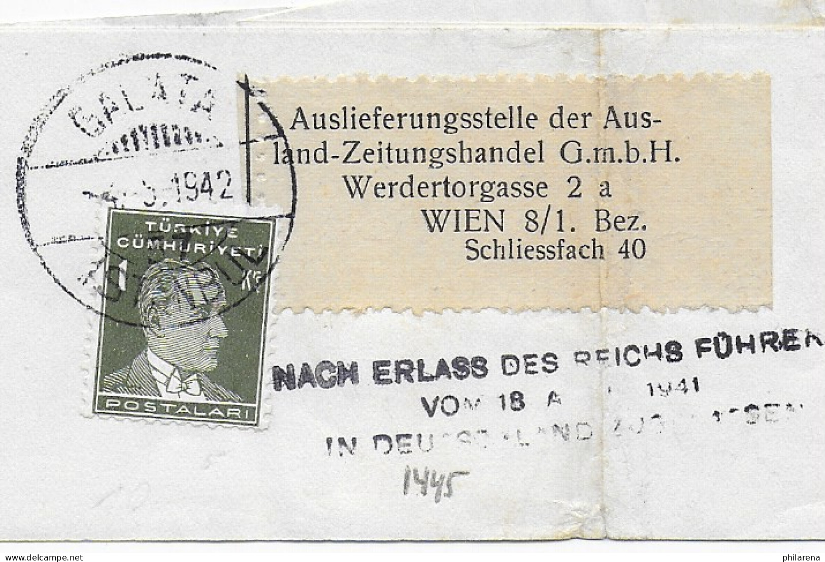 Zeitungs-Streifband Galata 1942 Nach Wien: In Deutschland Zurückgewiesen - Sonstige & Ohne Zuordnung
