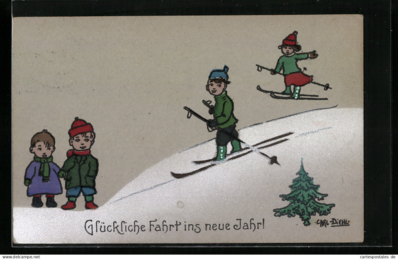 Künstler-AK Carl Diehl: Skifahrer Auf Einem Berg, Neujahrsgruss  - Diehl, Carl