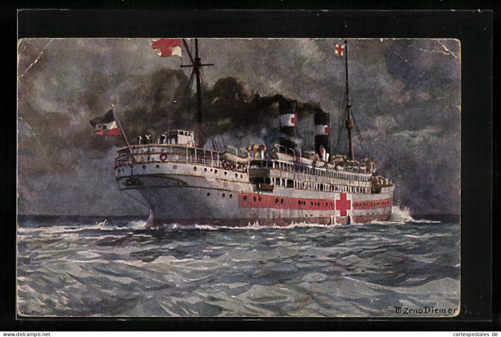 Künstler-AK Zeno Diemer: Lazarettschiff Auf See, Rotes Kreuz  - Rotes Kreuz
