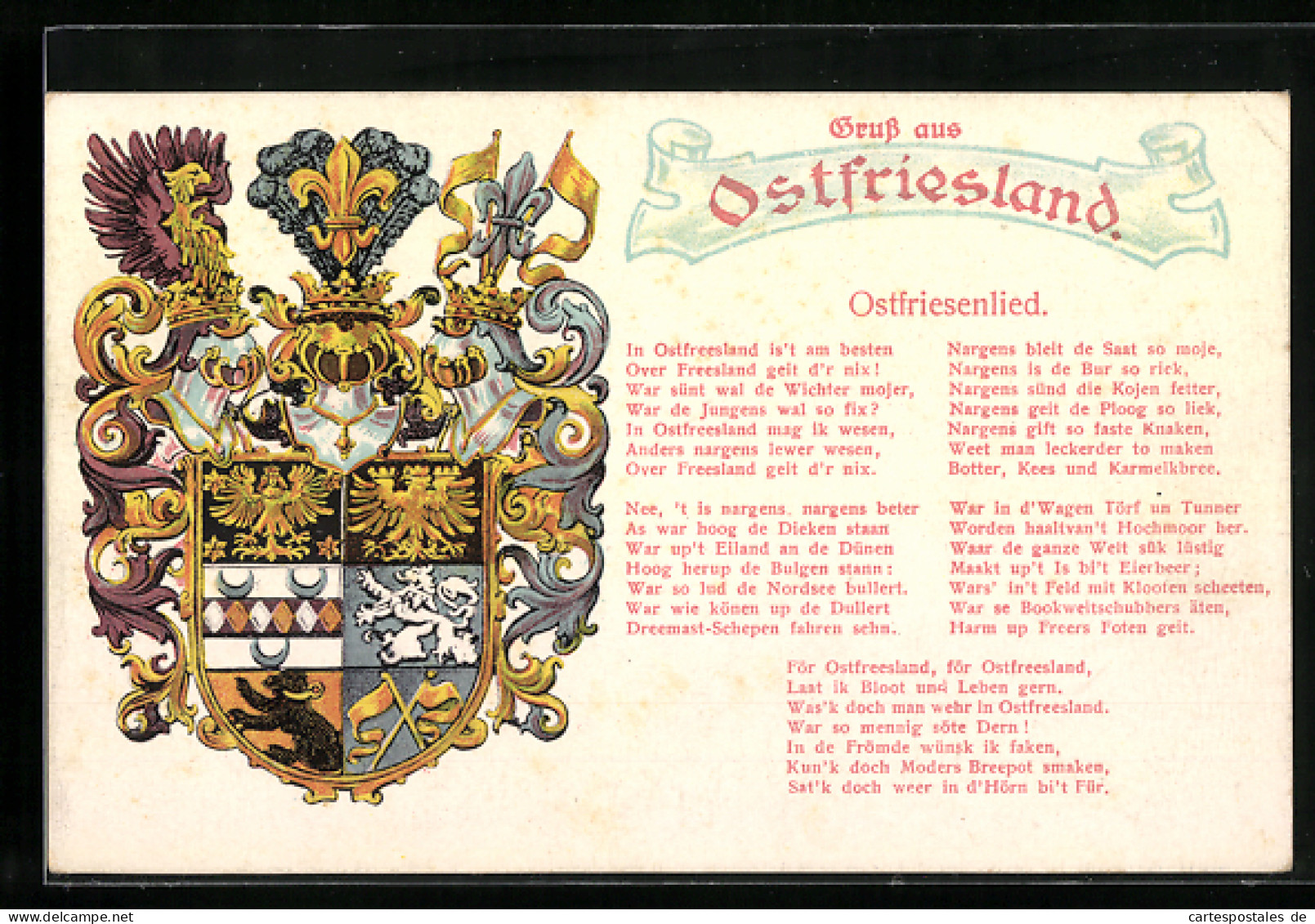 Künstler-AK Ostfriesland, Ostfriesenlied, Ritterhelm Und Wappen  - Genealogia