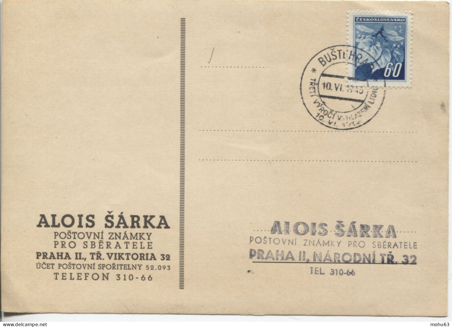 Tschechoslowakei Bustehrad Sonderstempel 10.6.45 Zerstörung Von Lidice 3. Jahrestag, Postkarte - Storia Postale