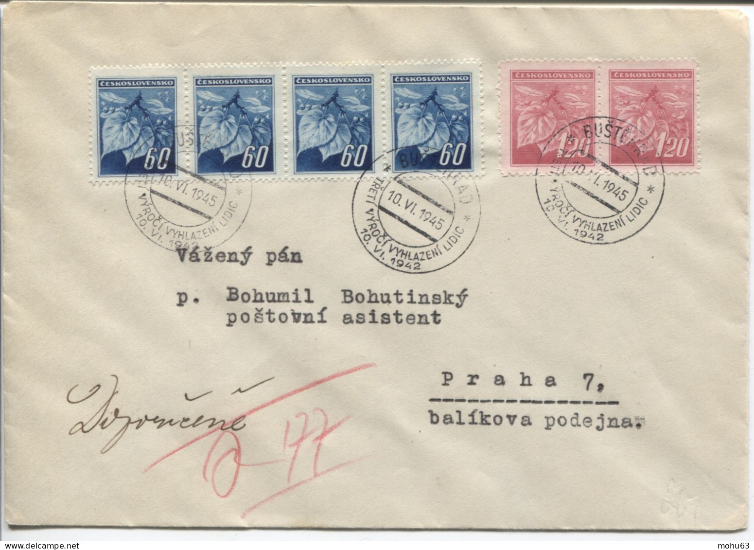 Tschechoslowakei Bustehrad 10.6.45 Zerstörung Von Lidice 3. Jahrestag, R-Brief - Lettres & Documents