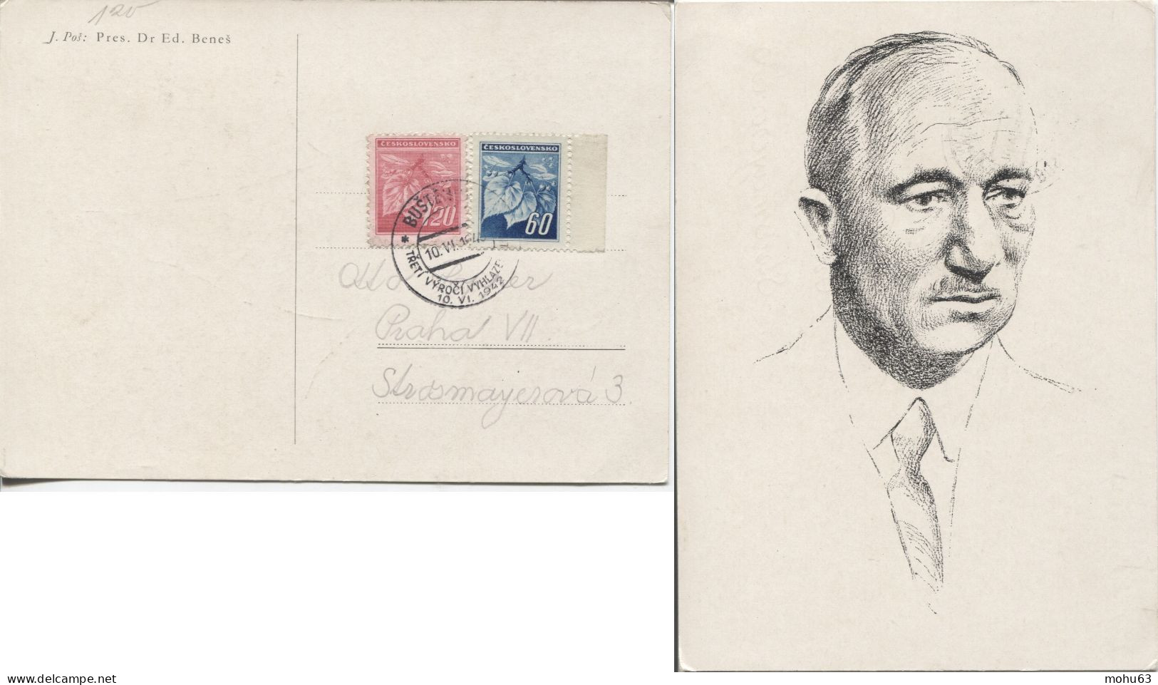 Tschechoslowakei Bustehrad 10.6.45 Portraitkarte Benes Sonderstempel Zerstörung Von Lidice - Covers & Documents