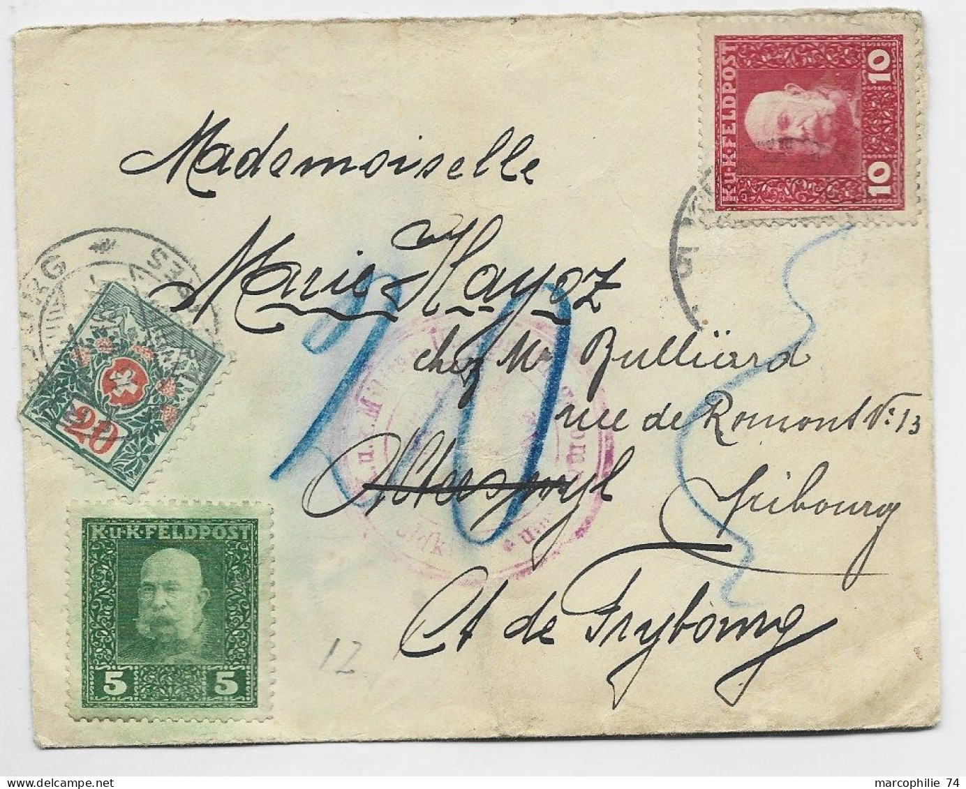 AUSTRIA 5 KUK FELPOST +10C LETTRE COVER BRIEF GALICIEN 1916 TO SUISSE TAXE 20C FRIBOURG - Cartas & Documentos