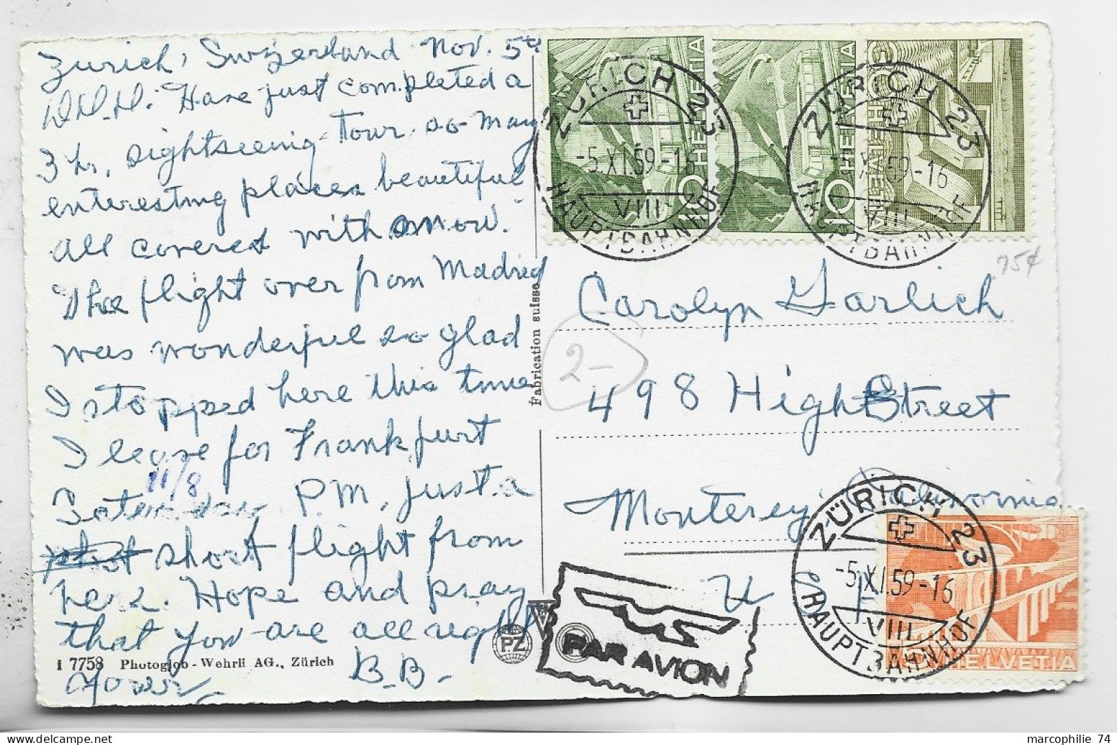 HELVETIA SUISSE 5C FENTE +10CX2+30C CARTE AVION ZURICH 5.XI.1959 TO USA - Lettres & Documents