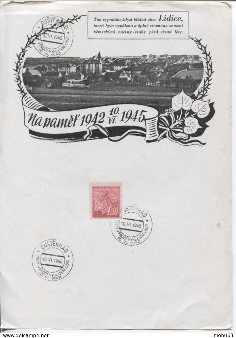 Tschechoslowakei Bustehrad 10.6.45 Gedenkblatt Sonderstempel Zerstörung Von Lidice - Covers & Documents