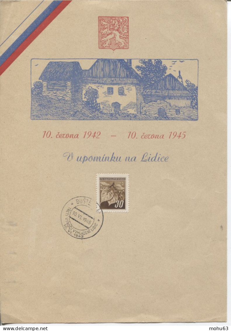 Tschechoslowakei Bustehrad 10.6.45 Braunes Gedenkblatt Sonderstempel Zerstörung Von Lidice - Briefe U. Dokumente