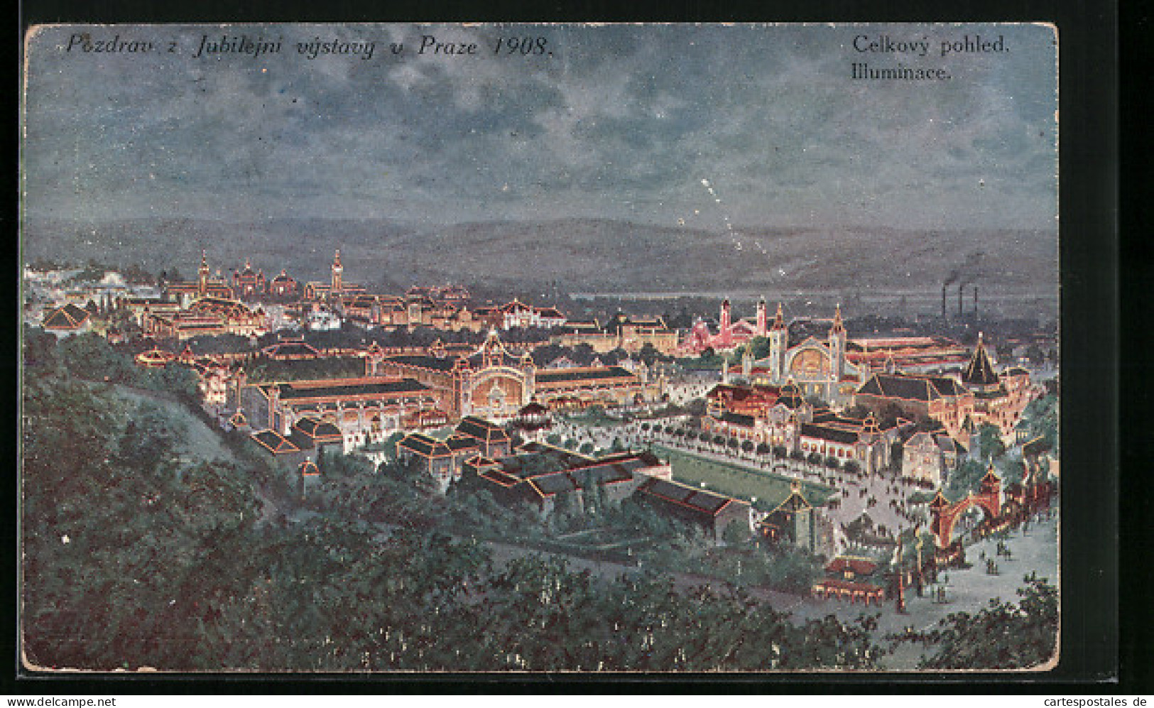 Künstler-AK Prag, Jubiläums-Ausstellung 1908, Totalansicht Mit Illumination  - Esposizioni