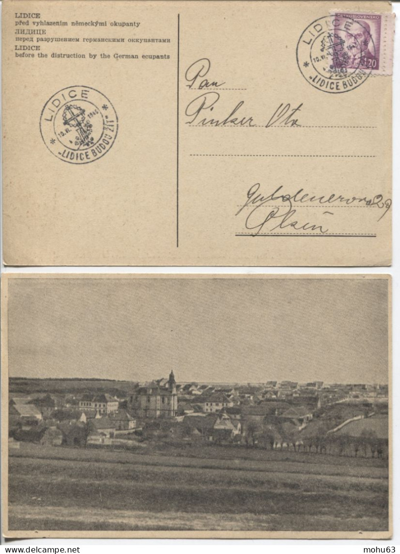 Tschechoslowakei  10.6.46 Lidice Gedenkkarte Sonderstempel Ub.'b' Bild Vor Zerstörung - Lettres & Documents