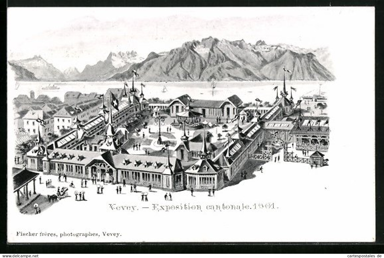 Lithographie Vevey, Exposition Cantonale 1901, Panorama, Ausstellung  - Expositions