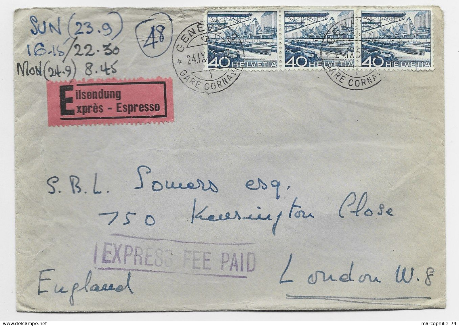 HELVETIA SUISSE 40CX3 LETTRE COVER EXPRES GENEVE GARE CORNAVIN 1951 TO LONDON ENGLAND - Brieven En Documenten