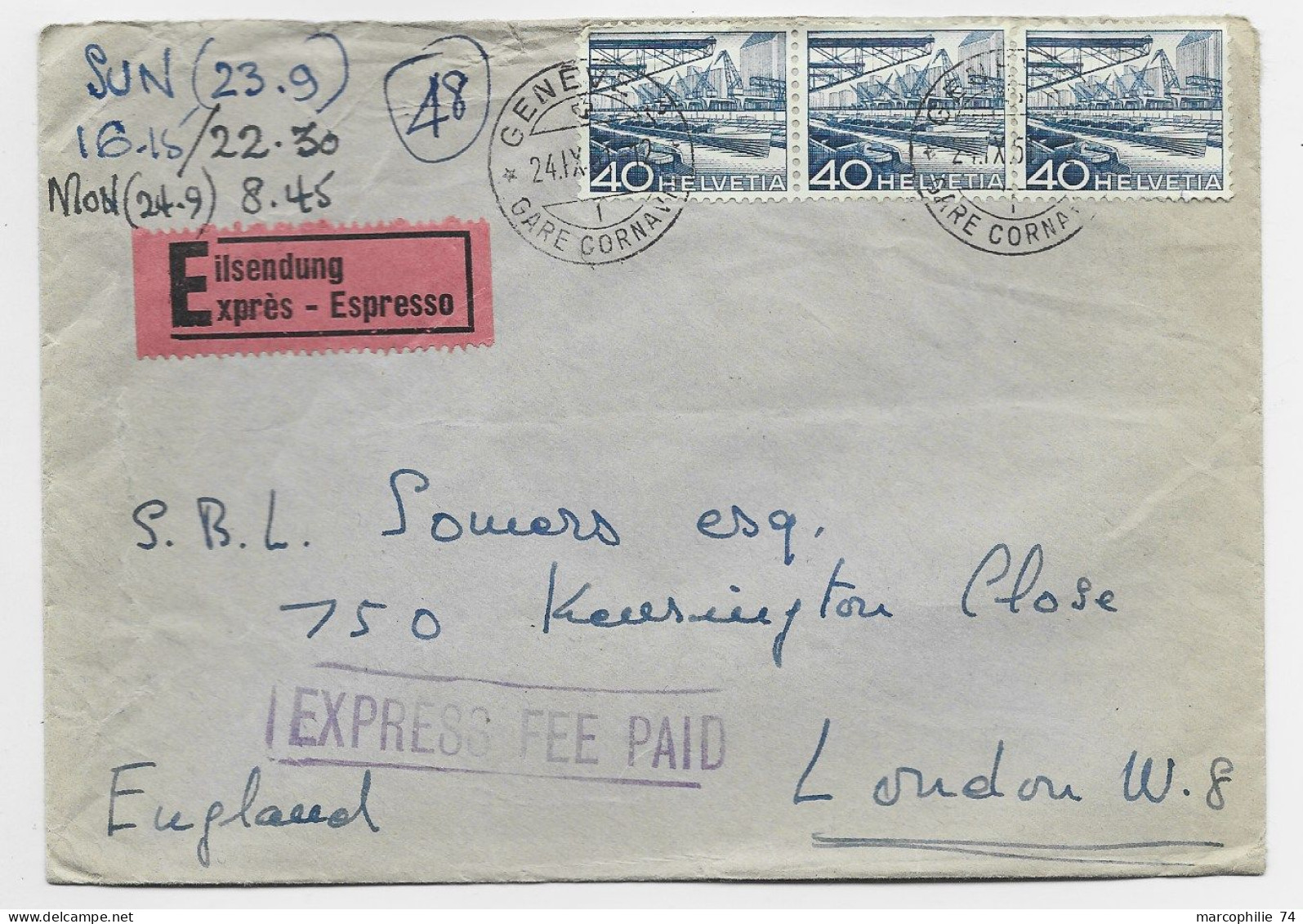 HELVETIA SUISSE 40CX3 LETTRE COVER EXPRES GENEVE GARE CORNAVIN 1951 TO LONDON ENGLAND - Storia Postale