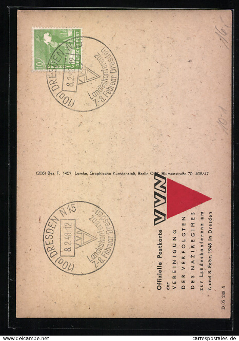 AK Dresden, Verein Der Verfolgten Des Naziregimes, Landeskonferenz 1948  - Altri & Non Classificati