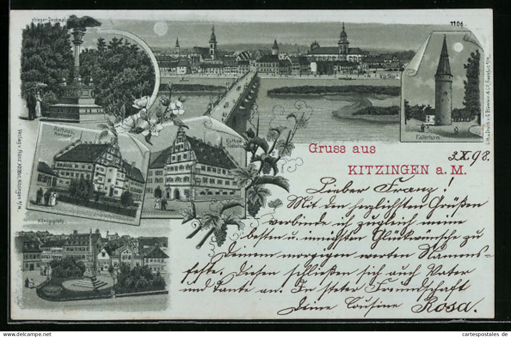 Lithographie Kitzingen / Main, Königsplatz, Rathaus, Kriegerdenkmal, Falterturm  - Kitzingen