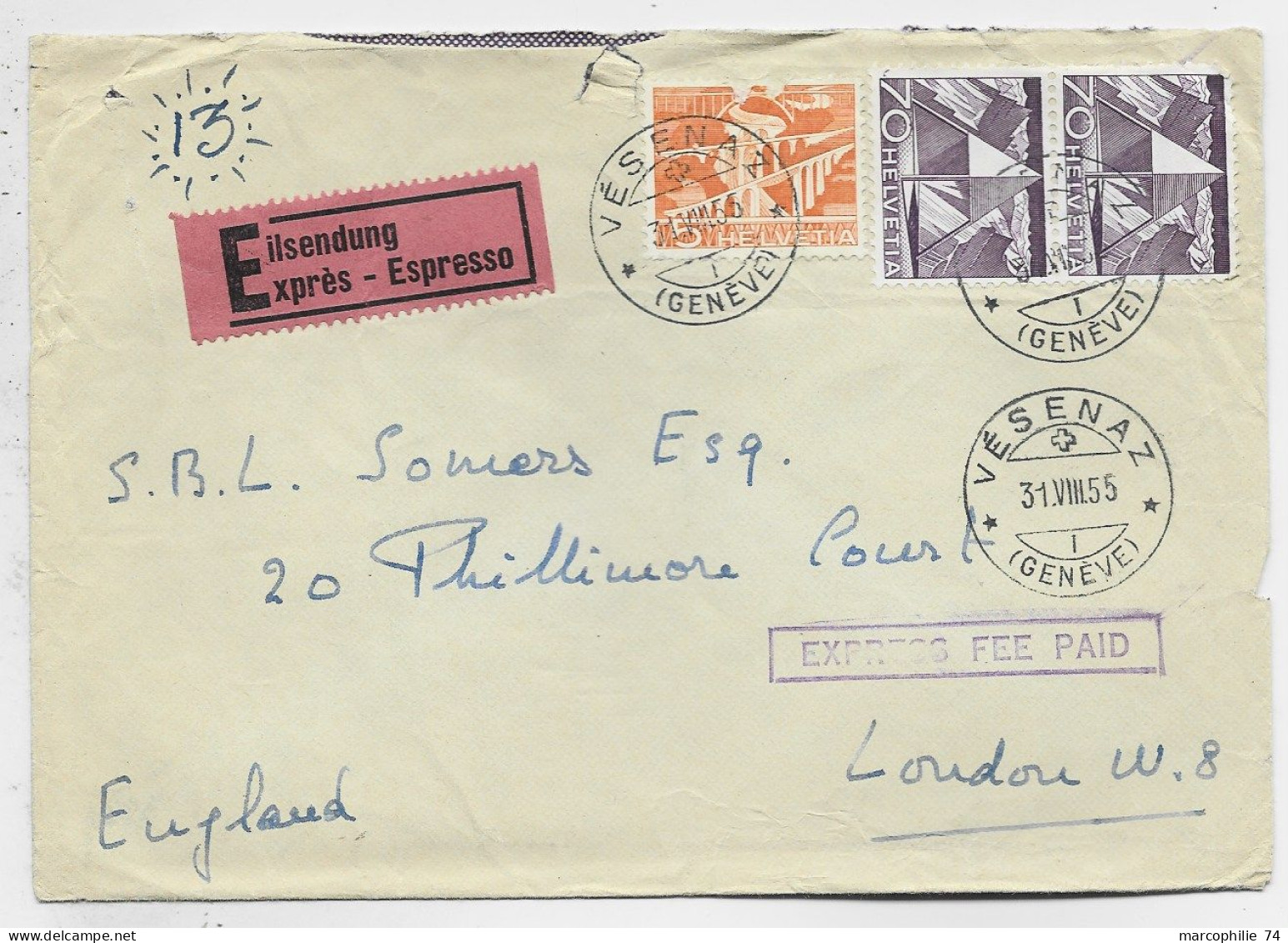 HELVETIA SUISSE 70C PAIRE +5C LETTRE COVER EXPRES VESENAZ 21.VIII.1955 GENEVE POUR LONDRES ENGLAND - Covers & Documents
