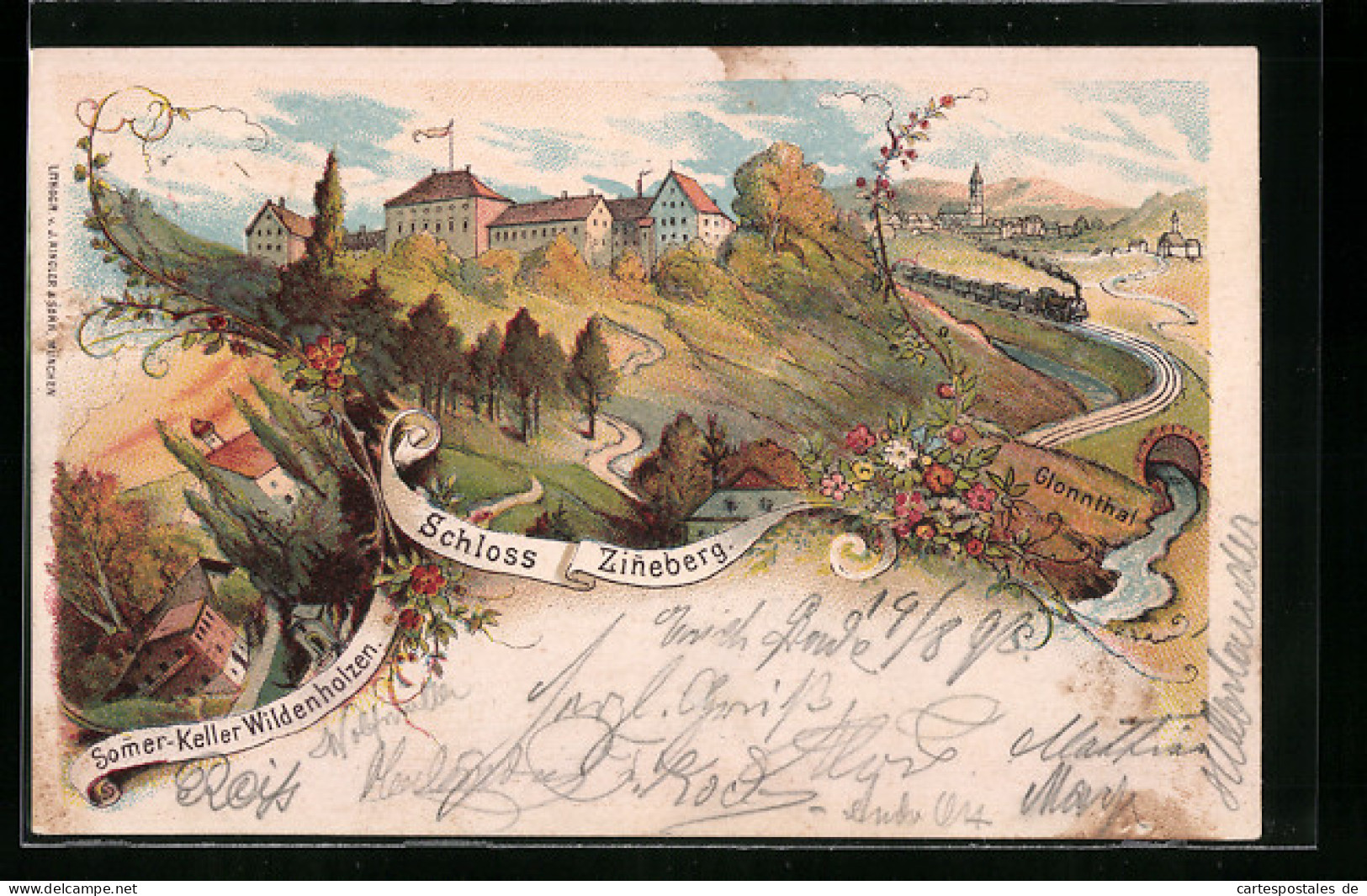 Lithographie Glonn, Schloss Zinneberg, Sömer-Keller Wildenholzen  - Glonn