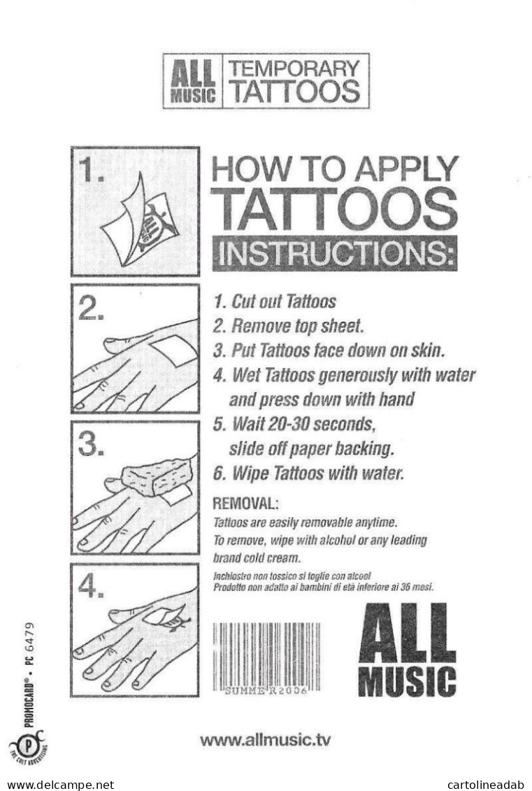 [MD9394] CPM - ALL MUSIC TEMPORARY TATTOOS - PROMOCARD 6479 - PERFETTA - Non Viaggiata - Advertising