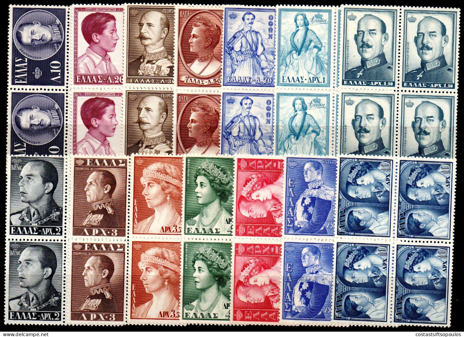 2933. GREECE,1956 ROYAL FAMILIES PART I HELLASM 760-773 MNH BLOCKS OF 4 - Unused Stamps