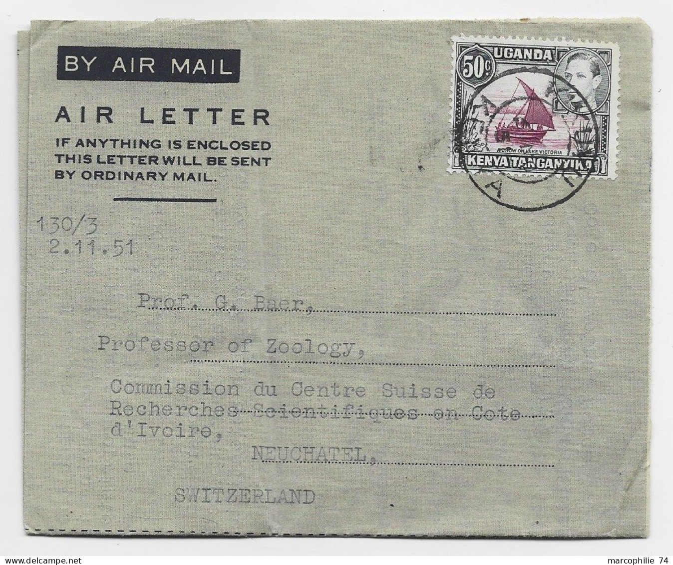 UGANDA 50C SOLO LETTRE AIR LETTER AIR MAIL COVER KIKUYU 1951 TO  HELVETIA SUISSE - Kenya, Ouganda & Tanganyika