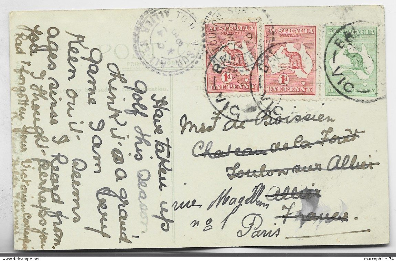 AUSTRALIA KANGOROOS 1DX2+1/2D CARD ALONG LAKE WENDOUREE BALLARAT 1914 TO FRANCE - Storia Postale