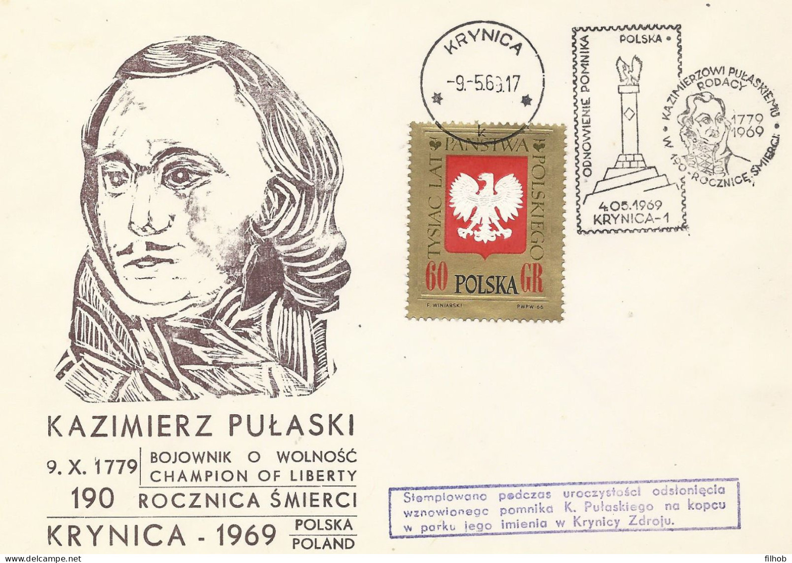 Poland Postmark D69.05.09 KRYNICA.kop: Monument K. Pulaski - Postwaardestukken