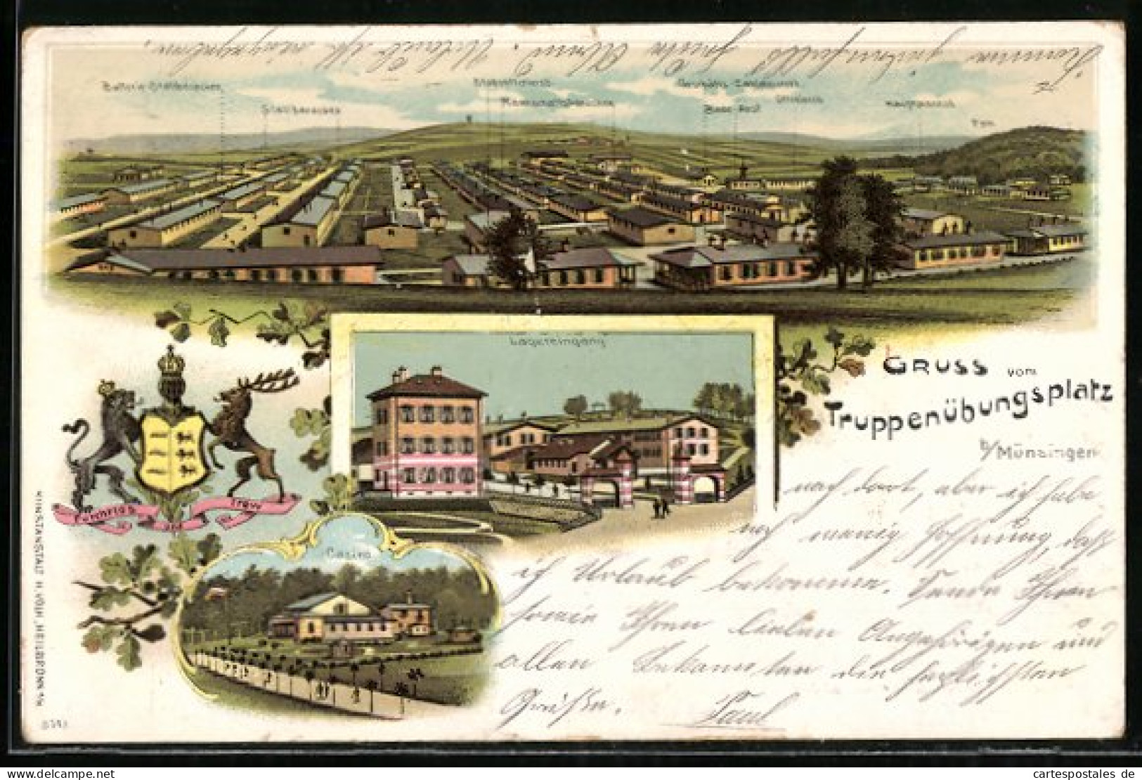 Lithographie Münsingen, Panorama Des Truppenübungsplatzes, Casino, Lagereingang  - Muensingen