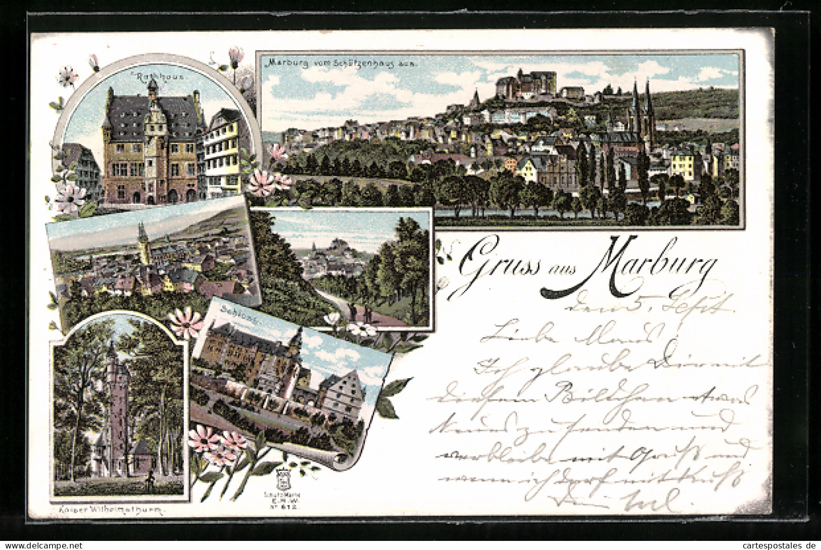 Lithographie Marburg, Schloss, Rathaus, Kaiser Wilhelmsthurm  - Marburg