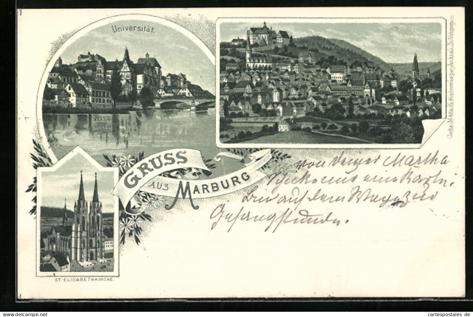 Lithographie Marburg, Teilansicht, Universität, St. Elisabethkirche  - Marburg