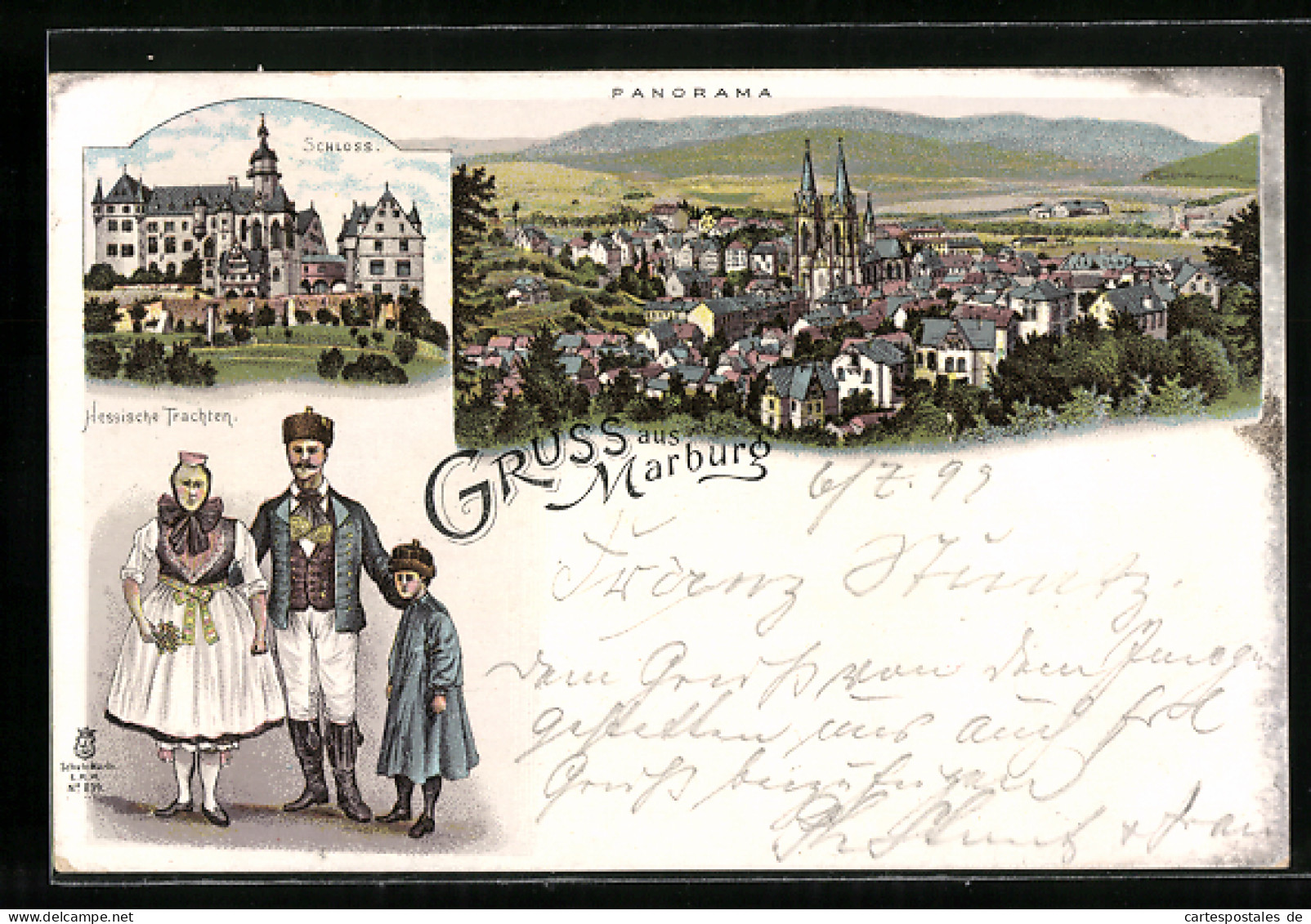 Lithographie Marburg, Hessische Trachten, Schloss U. Panorama  - Marburg