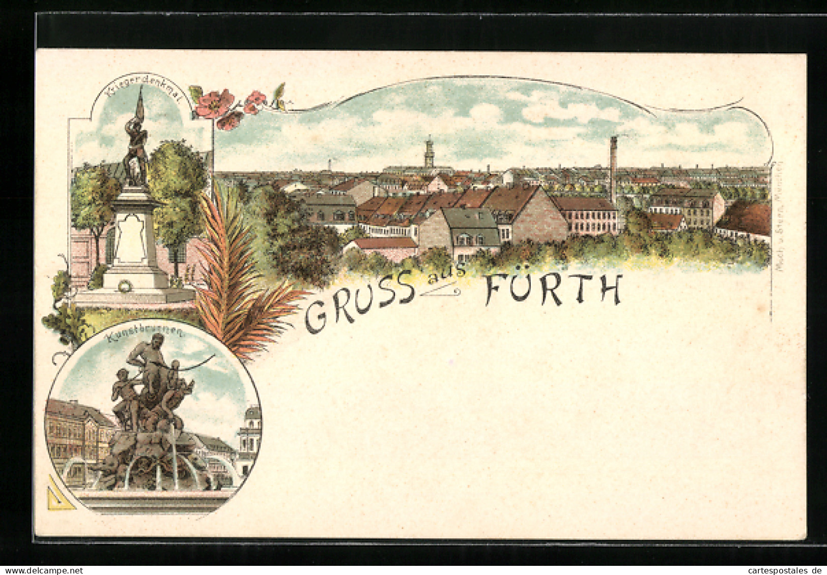 Lithographie Fürth, Kunstbrunnen, Kriegerdenkmal, Blick über Die Dächer Der Stadt  - Fuerth