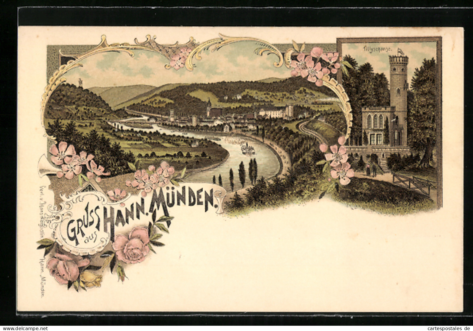 Lithographie Hann. Münden, Ortsansicht Aus Der Vogelschau, Aussichtsturm Tillyschanze  - Hannoversch Muenden