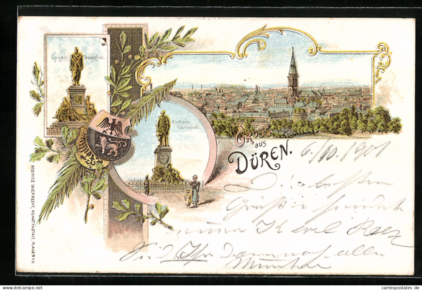 Lithographie Düren, Gesamtansicht, Bismark-Denkmal, Kaiser-Denkmal  - Düren