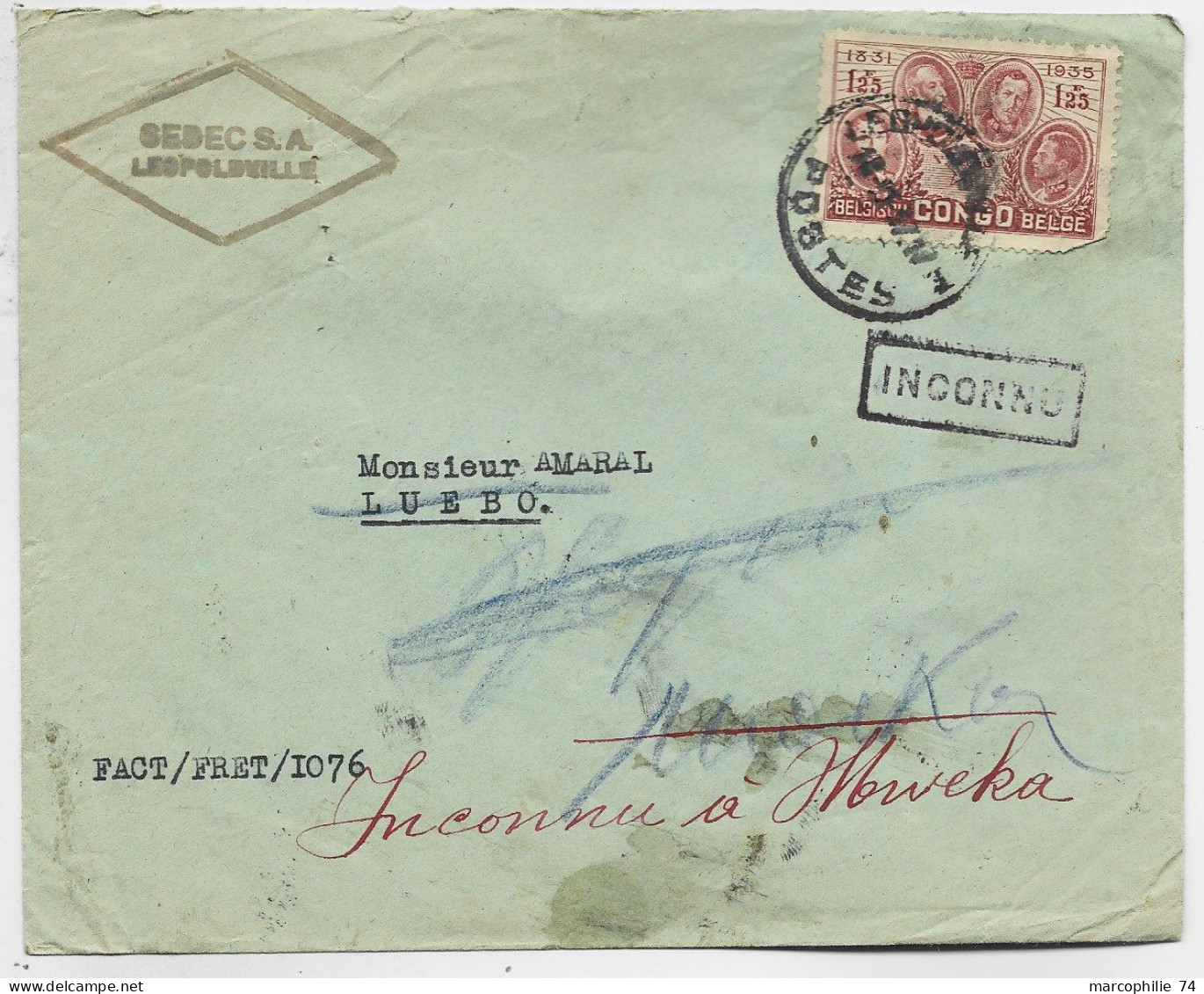 CONGO BELGE 1FR25 DEFECTUEUX LETTRE COVER LEOPOLDVILLE 1937 TO LUEBO + INCONNU - Lettres & Documents