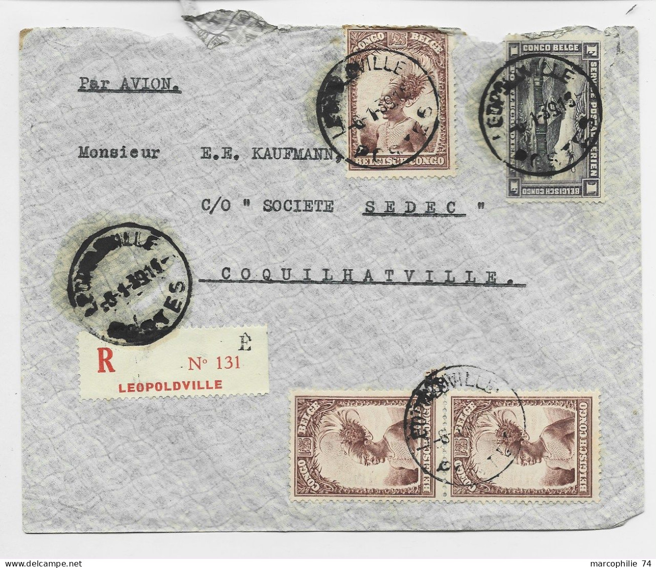 CONGO BELGE 1FR25 PAIRE +1 DEFAUT+PA 1FR DEFAUT LETTRE COVER AVION LEOPOLDVILLE 1939  TO COQUILHATVILLE - Cartas & Documentos